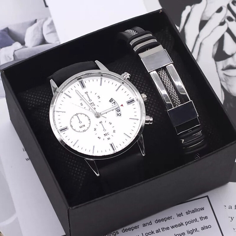 2pcs/set Man Watch Bracelet Set Fashion Leather Band Alloy Case Quartz Wrist Watch Men Calendar Clock Business Gift Set with Box