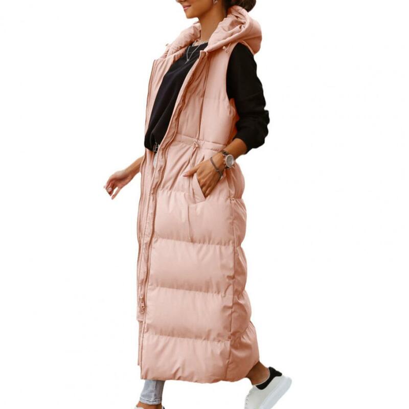 여성용 긴 지퍼 후드 포켓 다운 조끼, 민소매 방한 다운 코트, 야외용 재킷, 가을 겨울