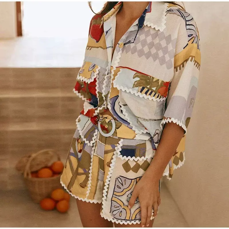 2024 New Summer Women's Patchwork Printed Belt Shorts Sets Causal Lapel Single Breasted Shirts Suits Ladies Daily Street Outfits