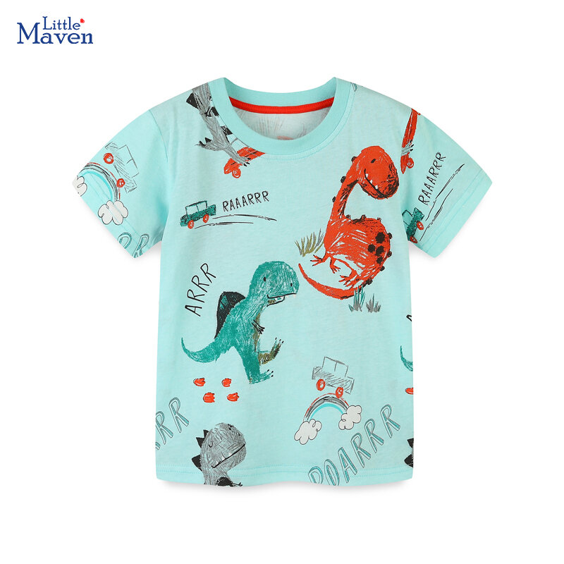 Little Maven 2024 여름 아동복 티셔츠, 만화 공룡 패션, 유아 소년 아동복, 신제품