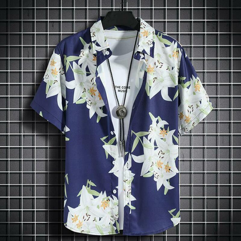 남성 셔츠 반바지 세트, 열대 잎 프린트, 하와이 스타일 셔츠 반바지 세트, 탄성 드로스트링 허리 포켓 2