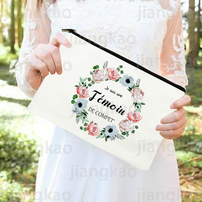 Temoin-Flower Make Up Bag para mulheres, impresso francês, caso cosmético da dama de honra, organizador do toiletries do curso, presentes do casamento