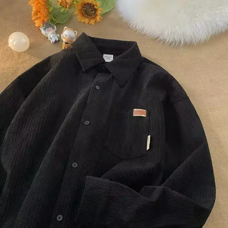 Sztruksowe koszulki Polo z długim rękawem dla mężczyzn moda Retro jesień i zima nowy luźny płaszcz koszula na co dzień Harajuku odzież męska
