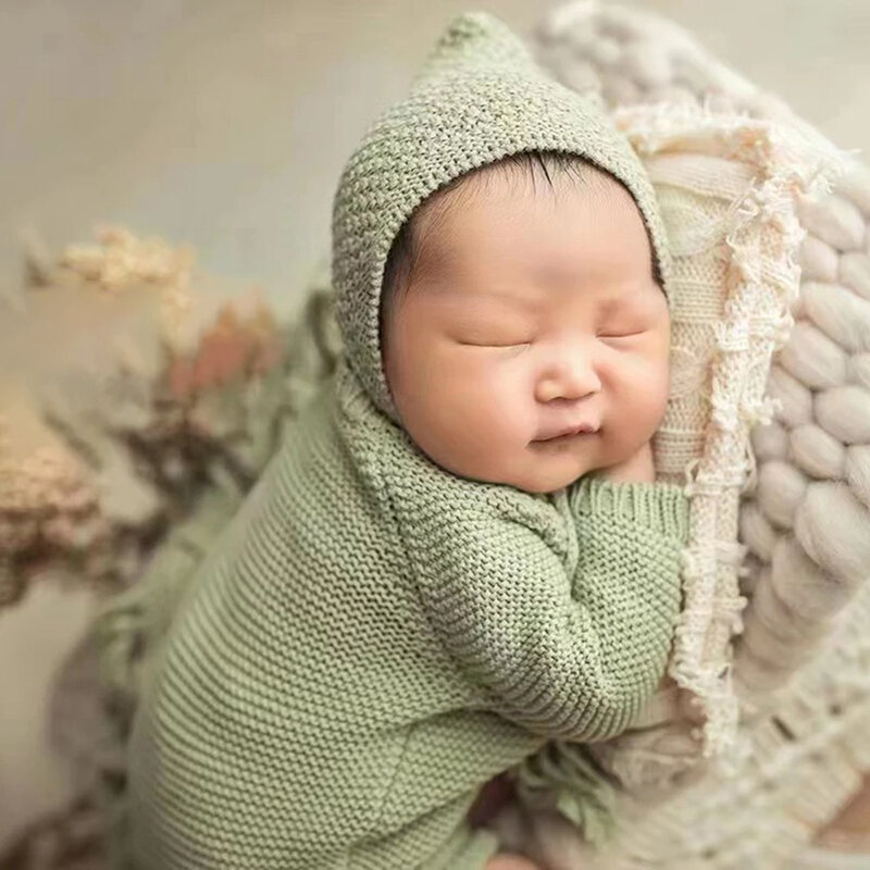 新生児写真の衣装、シンプルなニットのジャンプスーツと帽子、無地の柔らかい赤ちゃんの服、スタジオの写真の衣装、子供、2個セット
