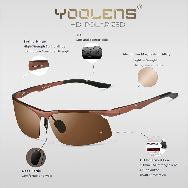YOOLENS-낚시 스포츠 선글라스 남성용 편광 UV400 알루미늄 직사각형 무테 선글라스, 광변색 야간 투시경 안경