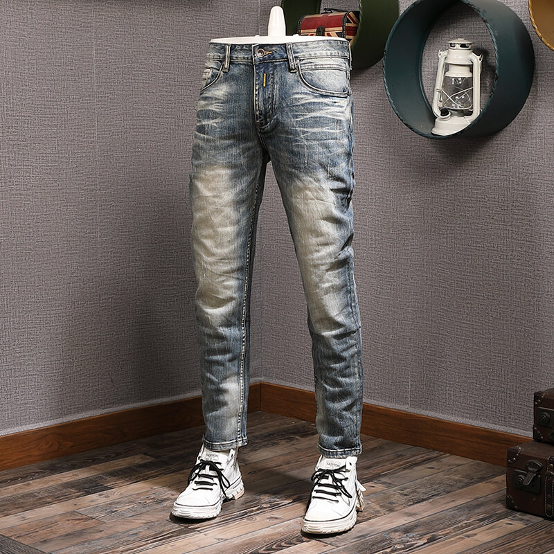 Nowo designerskie modne dżinsy męskie wysokiej jakości niebieskie w stylu Retro elastyczne Slim Fit porwane jeansy męskie spodnie Vintage spodnie dżinsowe Hombre