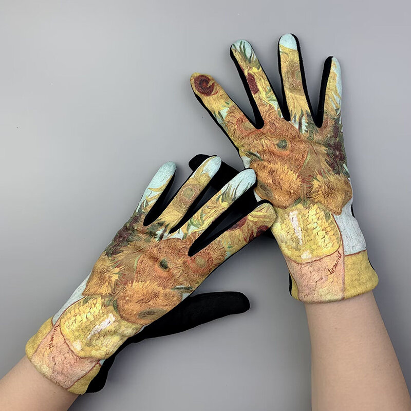 Kreatif Van Gogh sarung tangan lukisan minyak bersepeda musim dingin berkendara tebal Wanita Mode Cetak penuh jari layar sentuh sarung tangan hangat