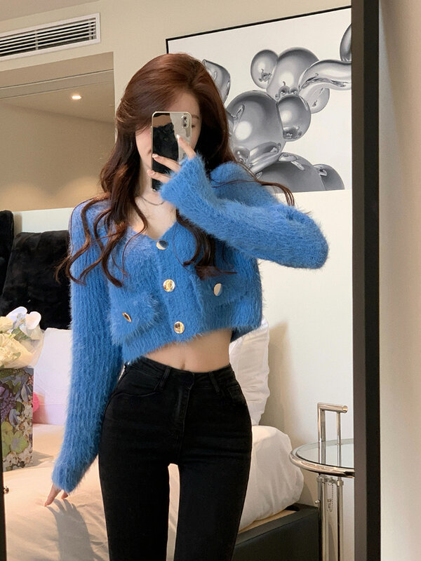 Kardigan bulu rajut wanita, atasan Crop Y2k lengan panjang Fashion Korea Sweater mantel kantor warna polos kancing 2022 musim gugur Chic