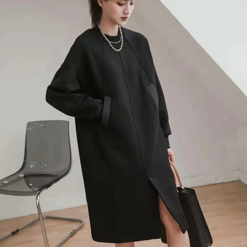 Модное черное платье-свитер для женщин, новинка 2024, длинные свитера, свободные топы больших размеров, верхняя одежда, пуловер на весну и осень, платья, пальто
