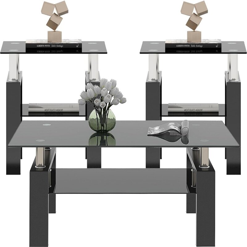 مجموعة طاولة قهوة زجاجية سوداء ، طاولة غرفة معيشة ، مجموعة من 3 قطع