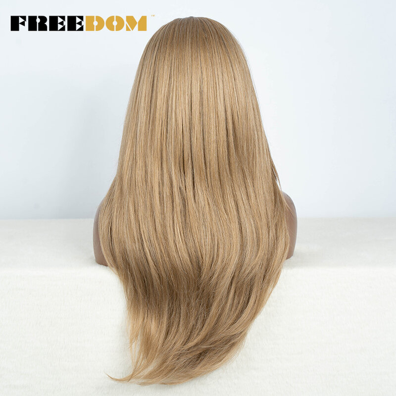 FREEDOM Synthetic Lace Front Wigs For Women Straight Lace Wig With Bangs 26 inches Ombre Brown Highlight Blonde Wigs Cosplay Wig