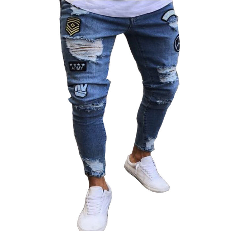 2023 biały haft męski obcisłe potargane dżinsy bawełniany elastyczny Slim Fit Hip Hop spodnie dżinsowe dżinsy dla mężczyzn spodnie do joggingu