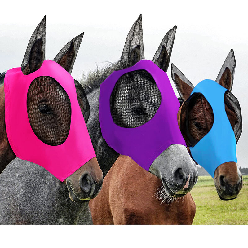 Mehrfarbige Pferde masken Anti-Fliegen würmer atmungsaktive dehnbare gestrickte Mesh Anti-Mücken maske Reit ausrüstung neu