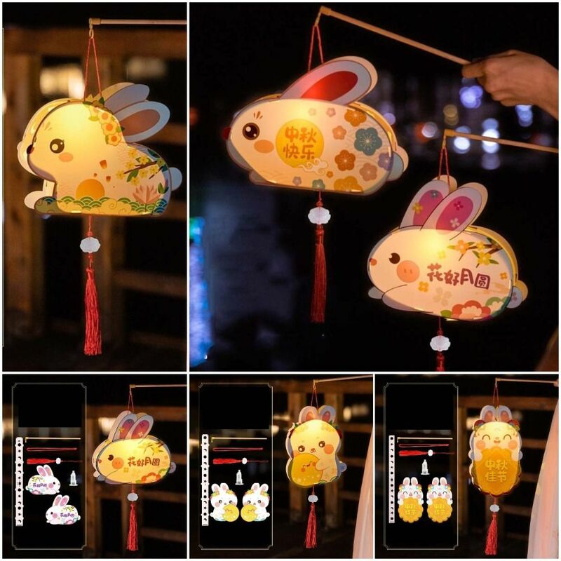 โคมไฟกระต่ายหยกรูปทรงกระต่ายโคมไฟ DIY วัสดุแผ่นเรืองแสงกลางฤดูใบไม้ร่วงเทศกาลโคมไฟกระต่ายไม้จีน