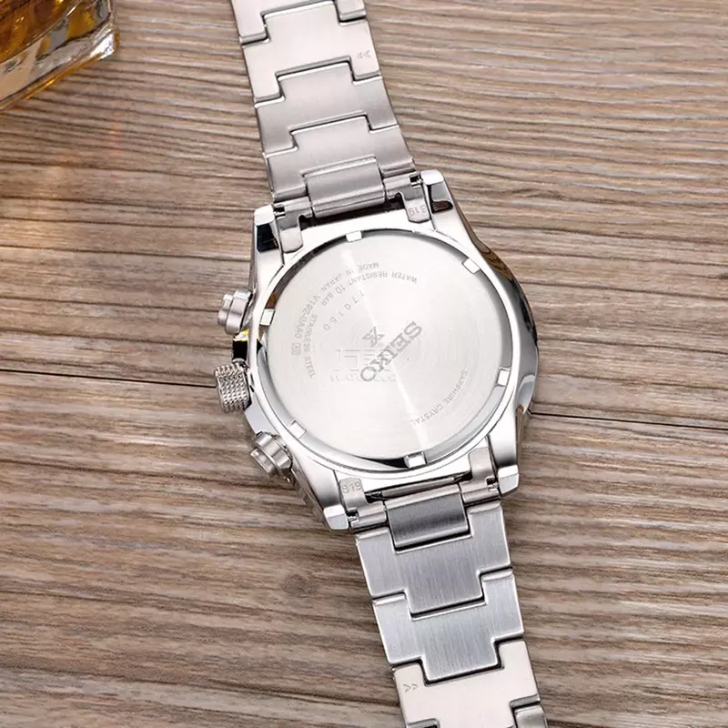 Роскошные многофункциональные мужские спортивные часы Seiko с хронографом из нержавеющей стали с немеханическим кварцевым ремешком и подарочной коробкой, 2024