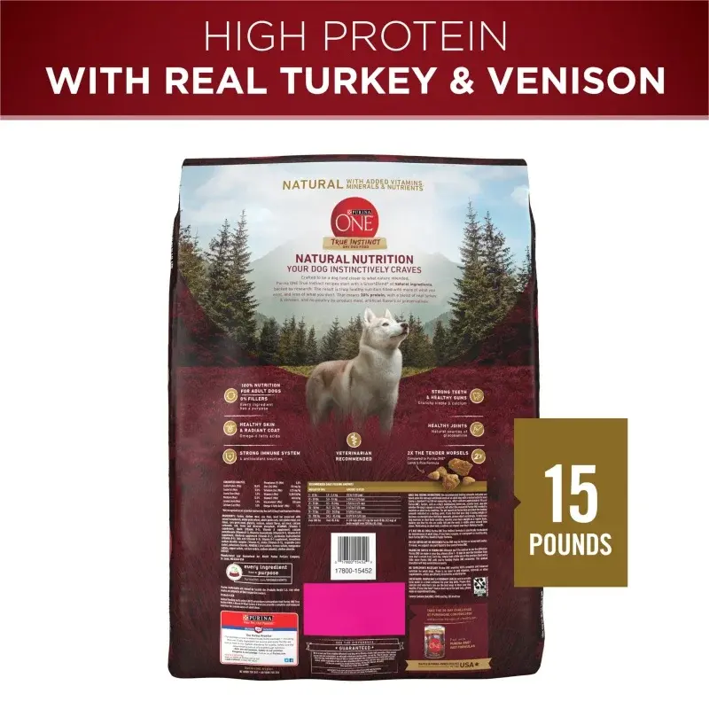 Purina-One True Instinct Dry Dog Food para cães adultos, Real Turquia e Venison, Saco de 15 lb