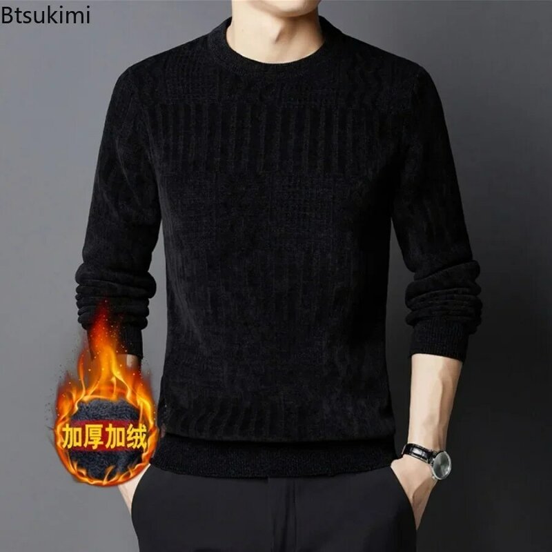 2024 Men's Casual Warm Sweater Autumn Winter Solid Plush and Thicken Pullovers Male Knitted Sweater Tops Versatile Mens Clothes