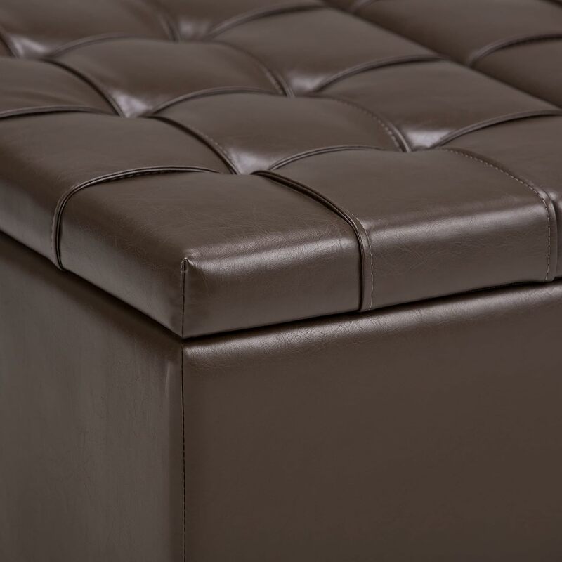 Falso couro footstool para mesa de centro, marrom e marrom falso couro, 36 polegadas de largura, para cocktail e sala de estar