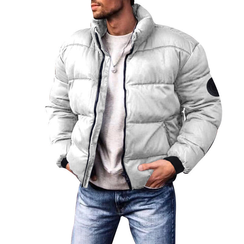Jaqueta de manga comprida masculina, cor sólida casual, gola alta, zíper, quente, espessamento, roupas de inverno, 2023