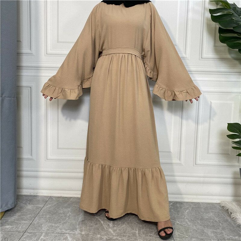 Abaya-Robe longue à volants avec ceinture pour femmes musulmanes, vêtements islamiques, couleur unie, mode Dubaï