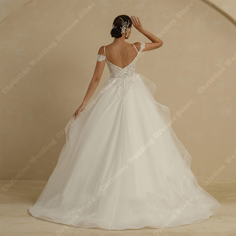 Женское кружевное свадебное платье, элегантное тонкое Тюлевое Пышное Платье с V-образным вырезом и открытыми плечами, индивидуальный пошив