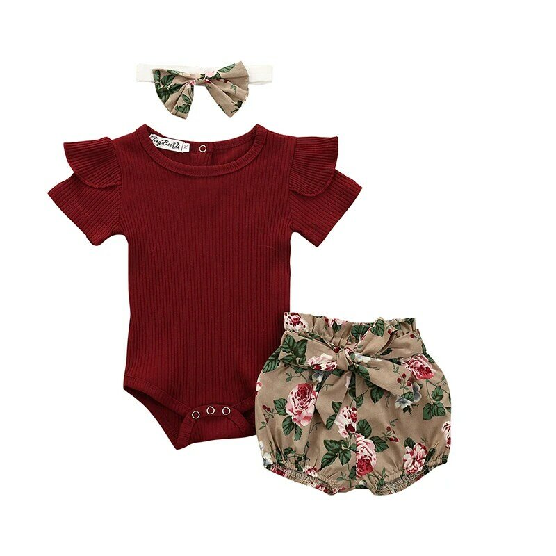 Pakaian musim panas bayi perempuan baru lahir Jumpsuit kerut warna Solid celana pendek bunga lengan pendek ikat kepala 3 potong pakaian bayi
