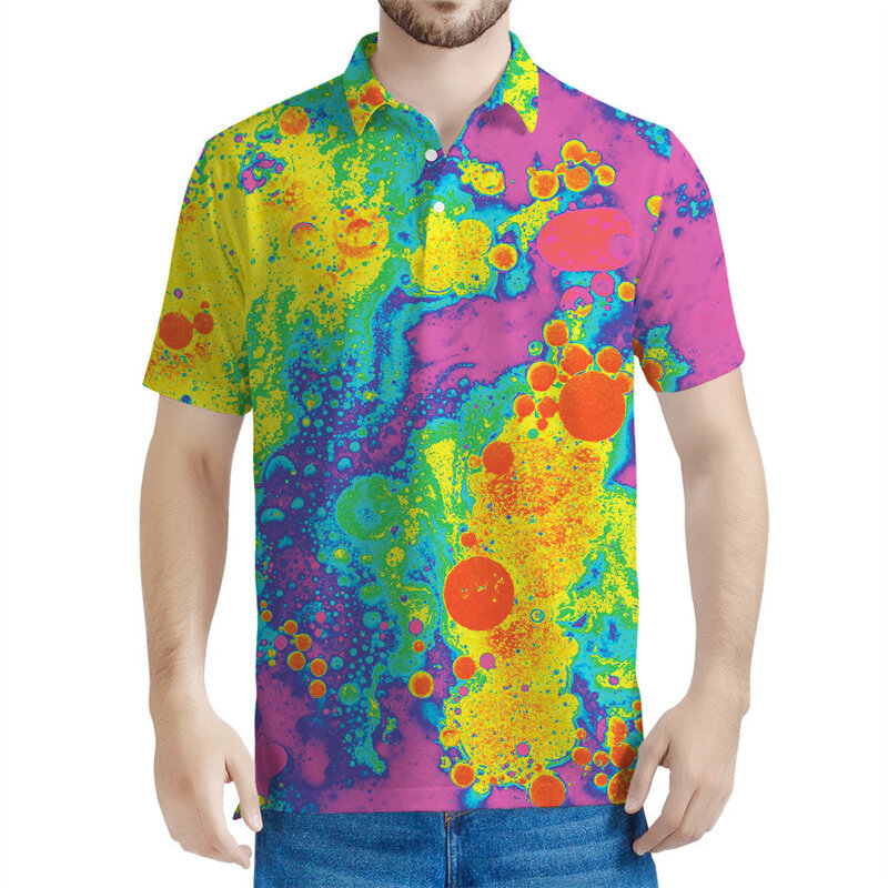 Pigmento líquido colorido padrão de fluxo polo masculino, impresso em 3D, solto, mangas curtas, tops casuais, camiseta de lapela de rua, verão