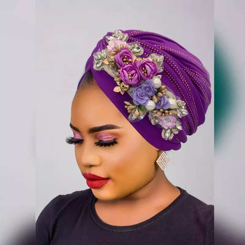 Diamanten Bloem Afrikaanse Hoofd Wraps Nigeria Bruiloftsfeest Hoofddeksel Gedraaid Headsarf Hoed 2024 Mode Dames Tulband Pet