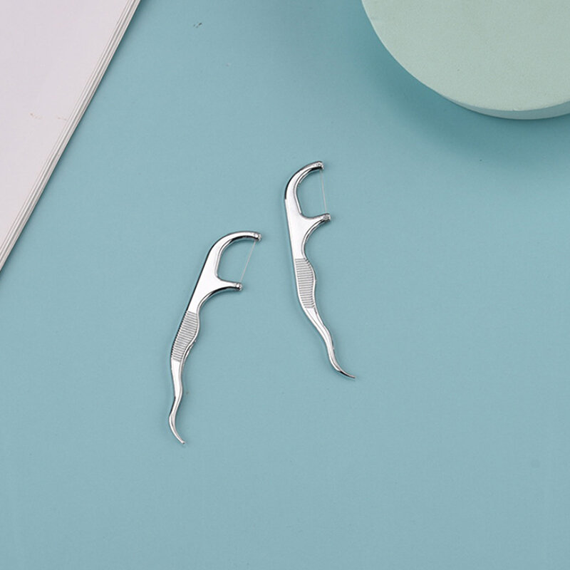 1Set Stainless Steel Toothpick With Box Dental Floss Reusable Flossing Holder
