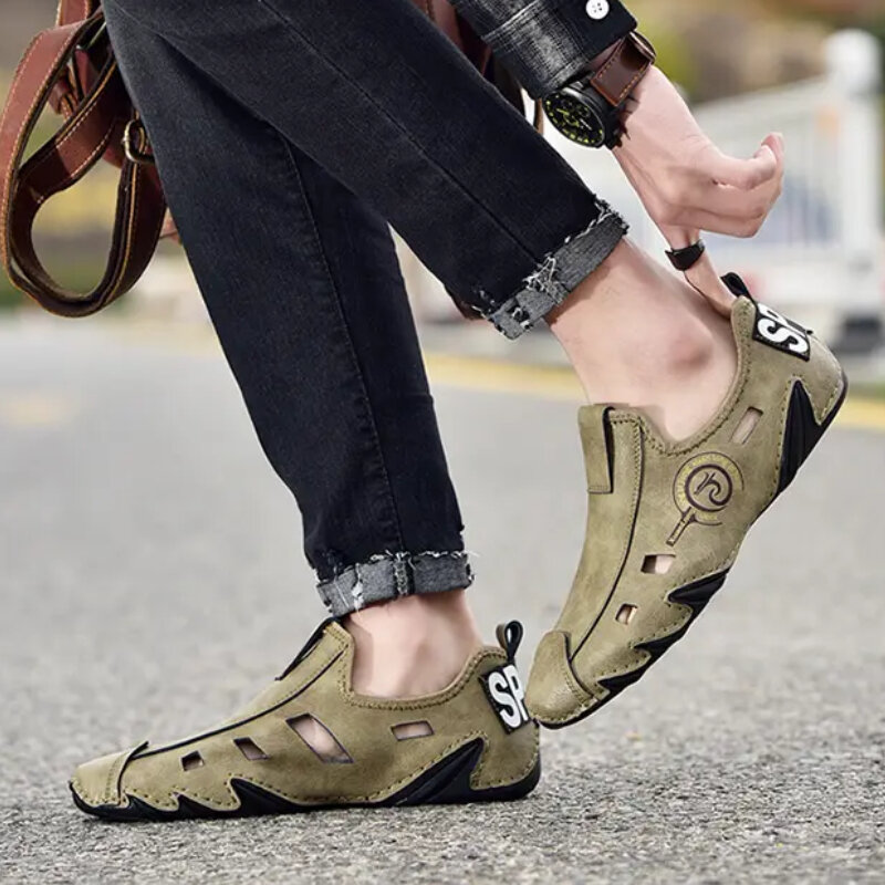 Мужские летние кроссовки с вырезами, однотонные сандалии с круглым носком, толстая подошва, легкие Нескользящие удобные туфли для вождения
