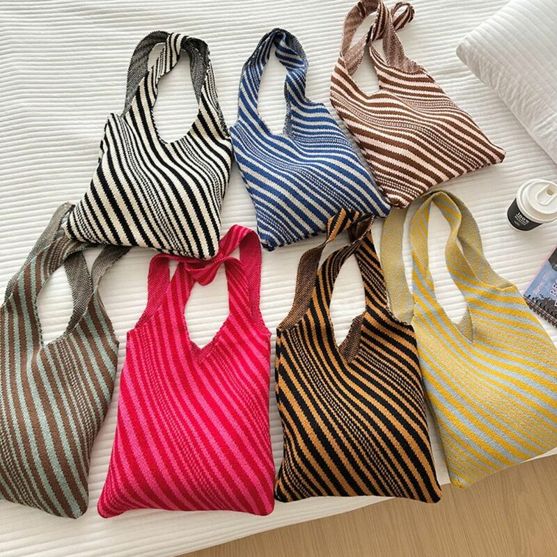 Zebra-stripe Hand-woven Bag Handmade High-capacity Knit Tote Bag Knot Wrist Bag Mid-autumn Festival