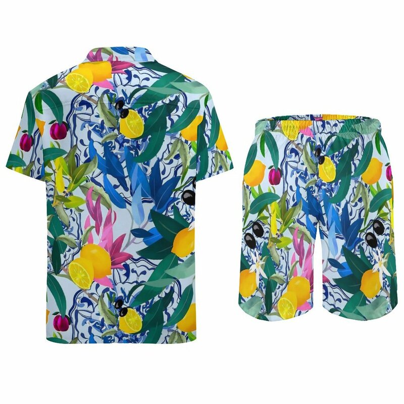 Nadruk z owocami zestawy dla mężczyzn kolorowe liście wygodne szorty Fitness na świeżym powietrzu zestaw koszul letnia garnitur Retro odzież z krótkim rękawem w dużych rozmiarach