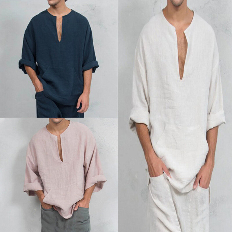Camiseta de lino y algodón para hombre, camisa de manga larga con cuello en V, estilo bohemio, informal, M-3XL, novedad de verano, 2024