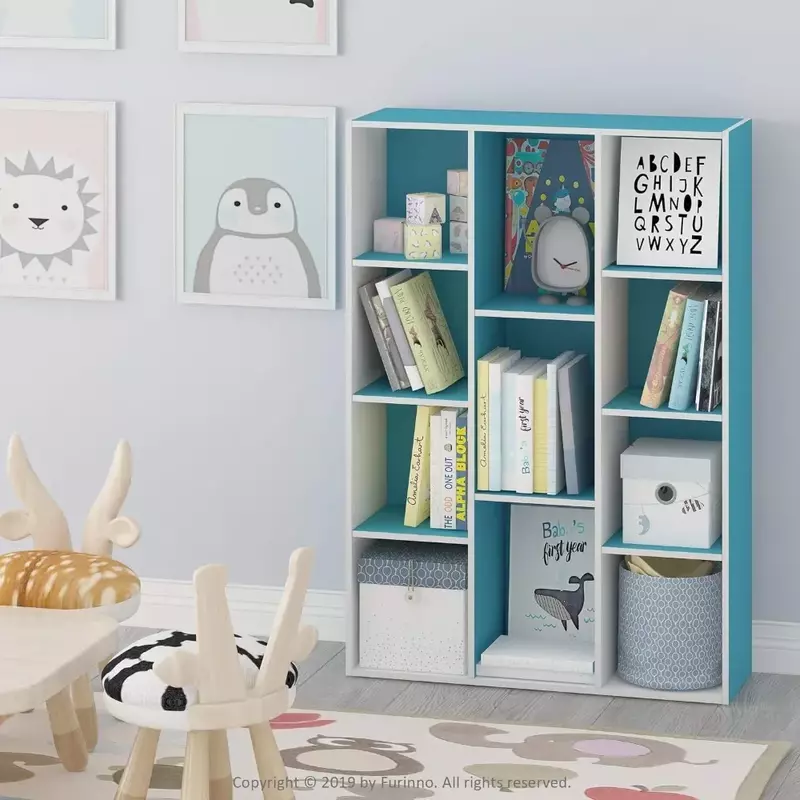 Estantería de libros para niños, estantería para casa de muñecas, azul, 11 cubos