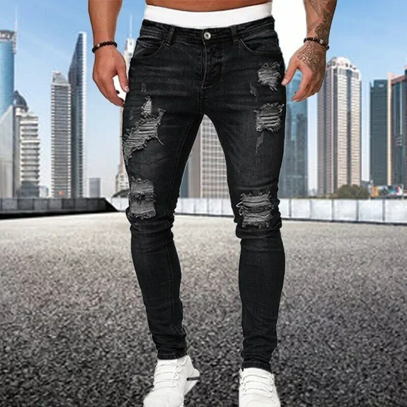 Модные рваные узкие джинсы в уличном стиле, мужские винтажные однотонные джинсовые брюки, мужские повседневные облегающие джинсовые брюки-карандаш, горячая Распродажа