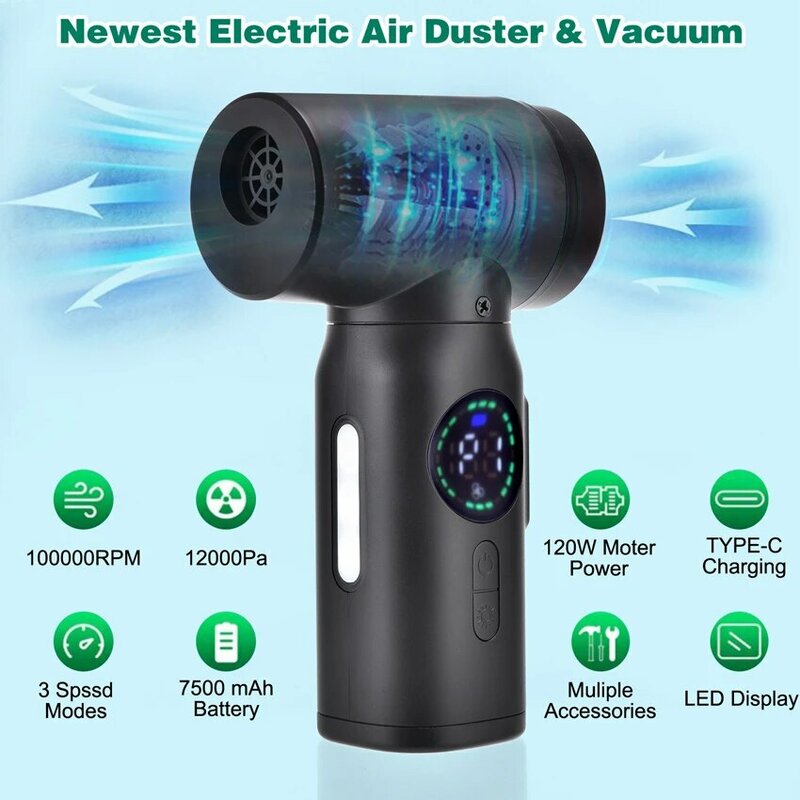 7500mAh Air Duster Portable Compressed Air Blower & Vacuum Cleaner 2 in 1 Cordless Duster Blower for Keyboard Computer Cleaning