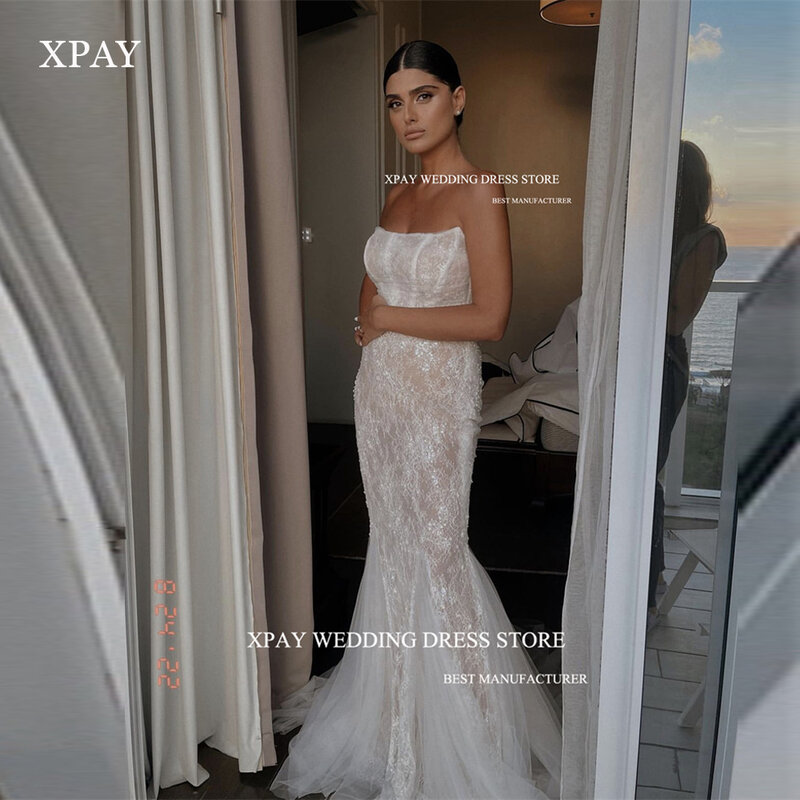 Xpay sexy träger lose Meerjungfrau Brautkleider Spitze Tüll elegante boden lange Brautkleider vestido de noiva 2023 Dubai Frauen