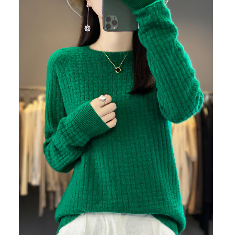 Женский вязаный свитер из чистой шерсти, однотонный клетчатый пуловер свободного покроя с длинным рукавом, корейская мода, Осень-зима 2023