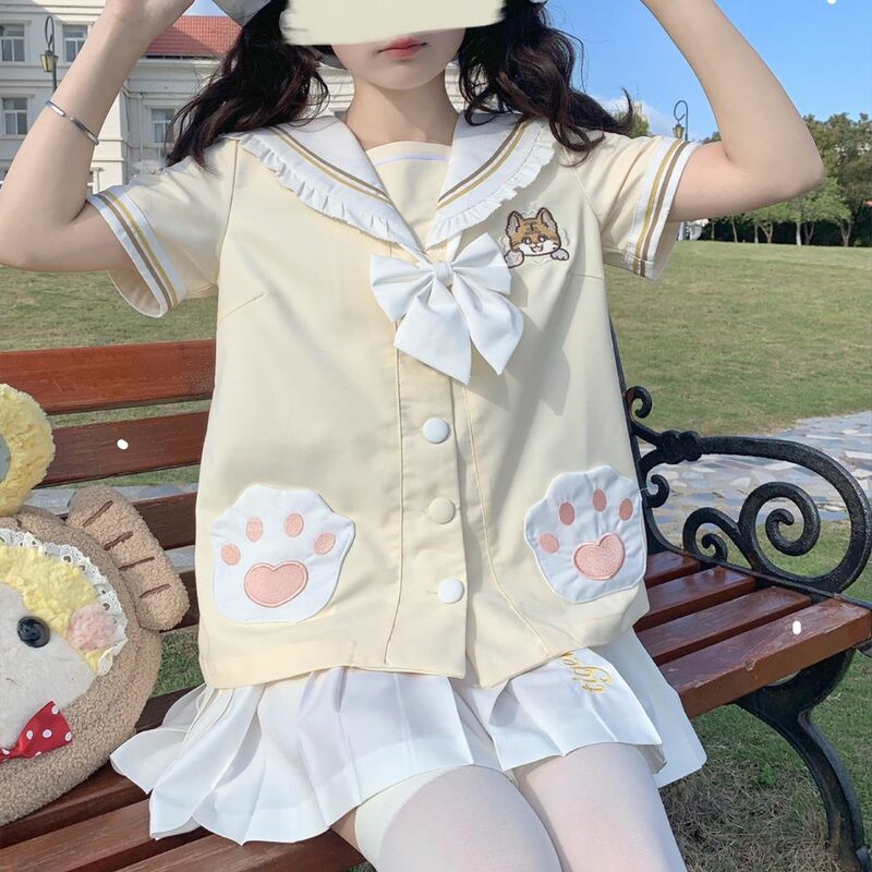 Uniforme de collège JK pour filles, haut imprimé chat, jupe plissée taille haute, couverture étudiante, vêtements Girly, mignon, doux, Japon