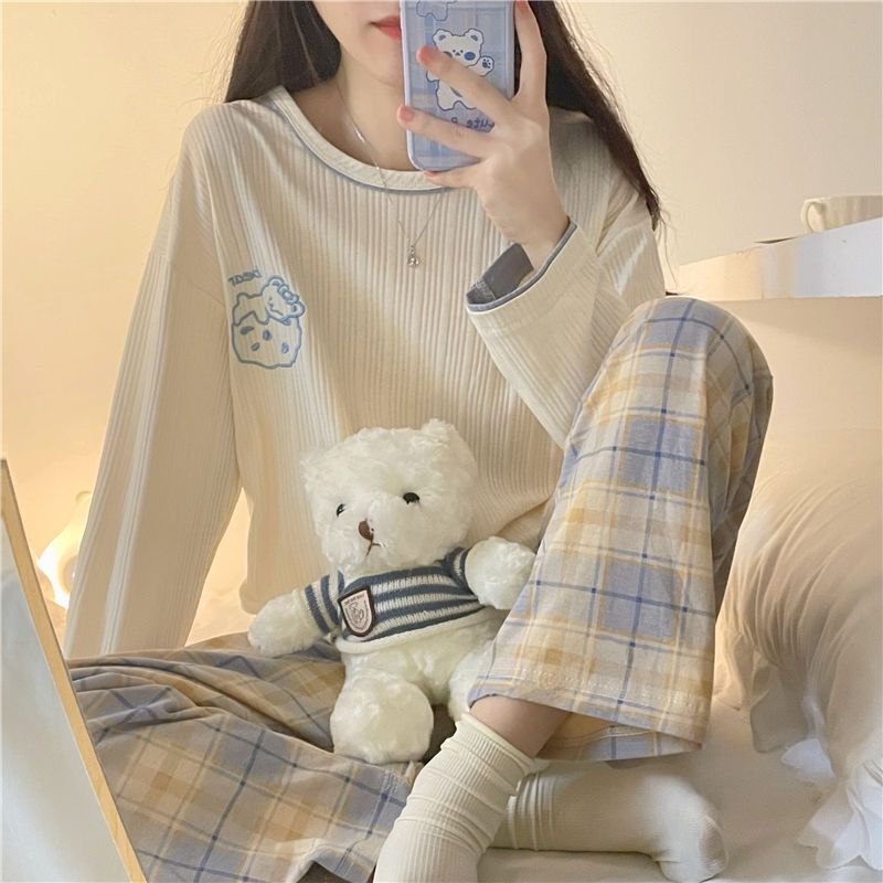 Conjunto de pijama kawaii coreano feminino, pijama de algodão, manga comprida, pijama grande, nova moda outono, inverno