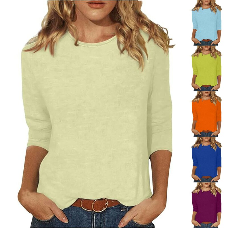Camiseta feminina com gola redonda manga três quartos, tops de verão, camiseta estampa confortável, blusa multicolorida