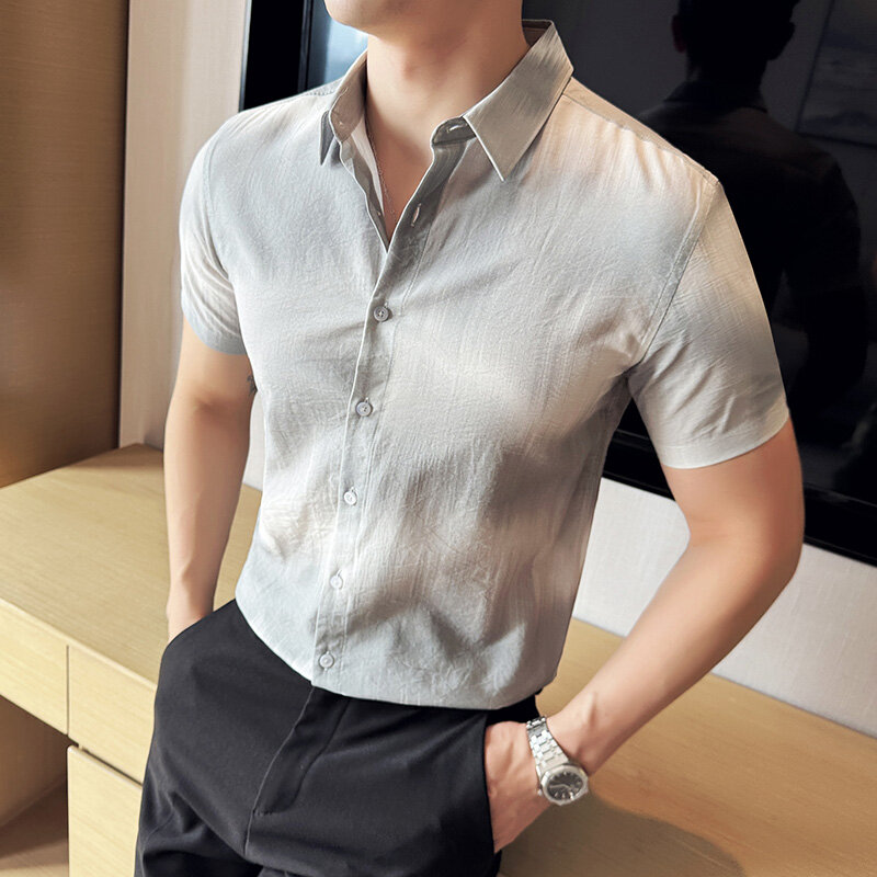 Camisa de manga corta para hombre, camisa informal ajustada con estampado de Color degradado, combina con todo, ropa de calle de verano