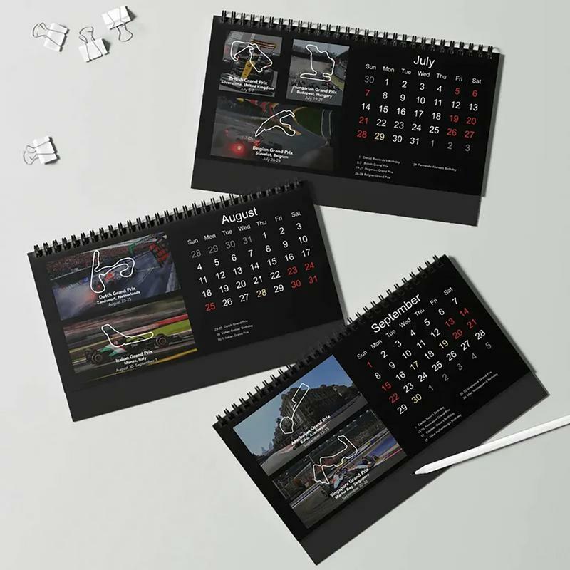 Kalender meja F1 2024, kalender Desktop F1 ikat kawat ganda perencanaan mudah Tema balap untuk Desktop kantor rumah dan