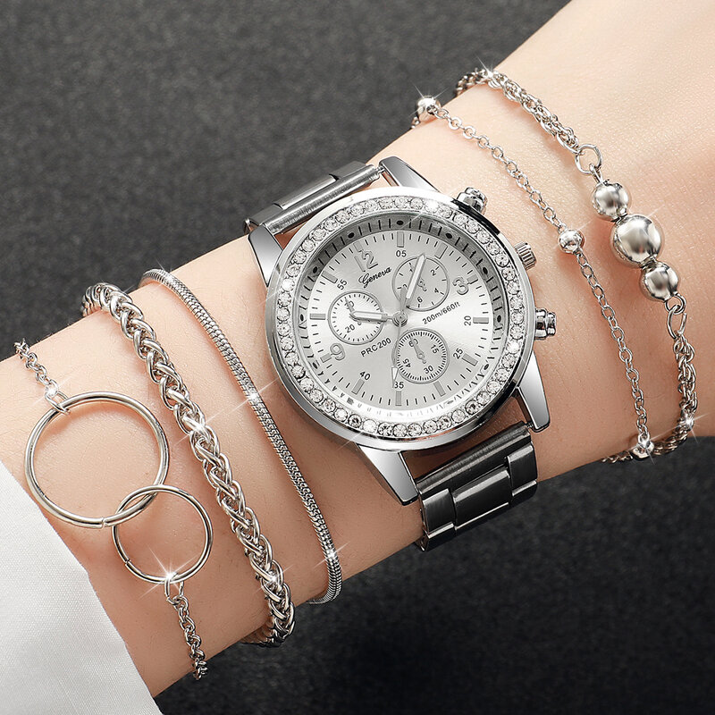 Fashion Women Stainless Steel  Silver Color Quartz Watch & Silver Jewelry Set