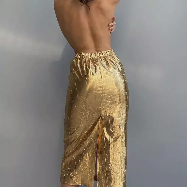 Mode schlanken Gold Frauen rock elegante hohe Taille Midi Röcke Streetwear Vintage Faldas Rock weibliche Kleidung