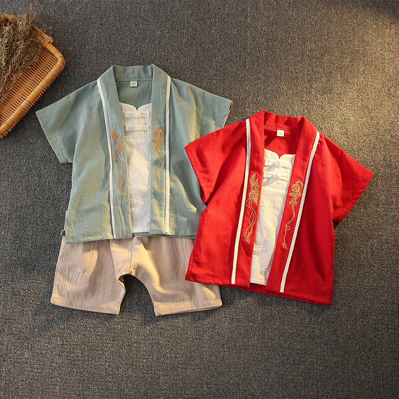 Летняя Новинка, Детская Хлопковая вышитая китайская Милая Одежда для мальчиков, костюм Тан с короткими рукавами, детская одежда Hanfuone на весь год жизни