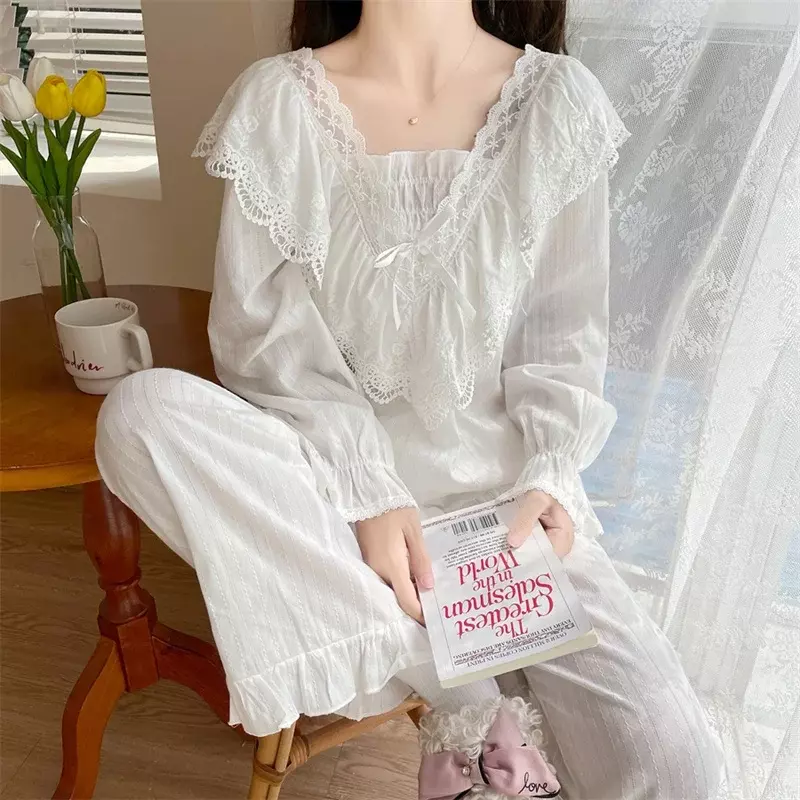 Пижамные комплекты женские белые кружевные милые ночные рубашки Элегантная Модная Свободная Домашняя одежда мягкая хлопковая французская Повседневная Ночная одежда осенняя Новинка D800