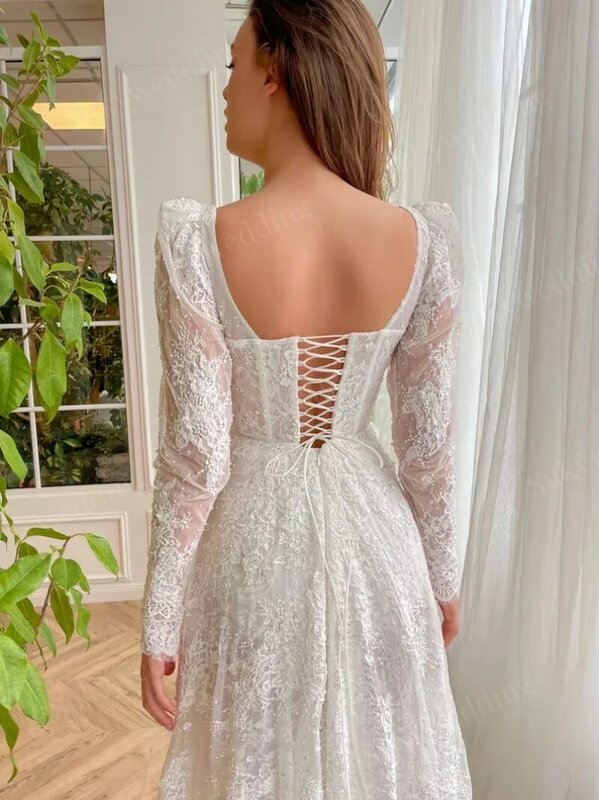 Ethereal Lace Reverie Wedding Dresses with Floral Lace Illusion Long Sleeves Sweetheart Neck Cinched Waist Bridal Gowns Lace Up