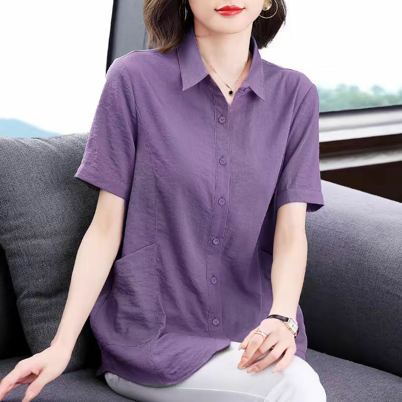 Einfachheit Büro Dame Sommer Frauen Polo Kragen solide einreihige Tasche Mode lässig Kurzarm lose Hemden Tops
