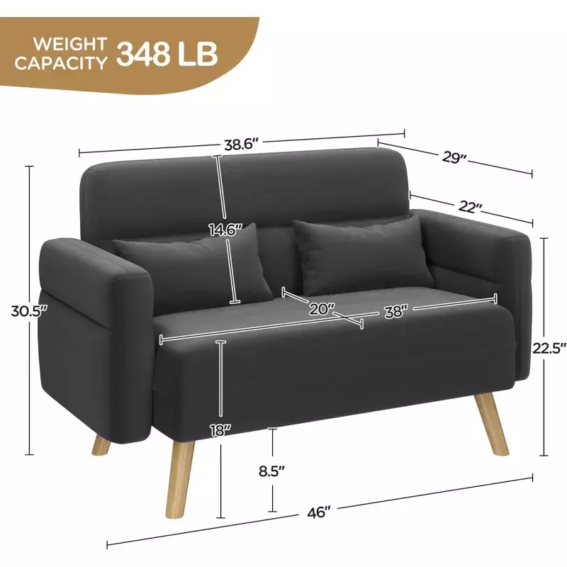 Yaheetech-モダンなミッドセンチュリー生地のソファ、2席、腰痛枕付きのソファ、無垢材の脚、小さなソファ、46インチ